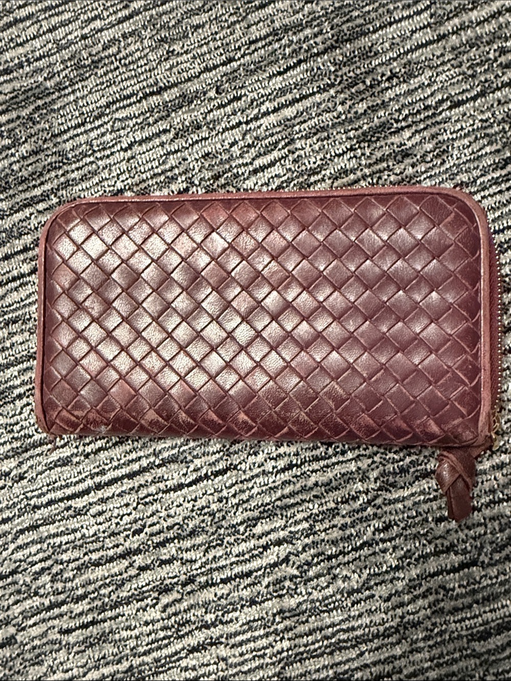 Bottega Veneta Woven Leather Zip Wallet in Burgundy